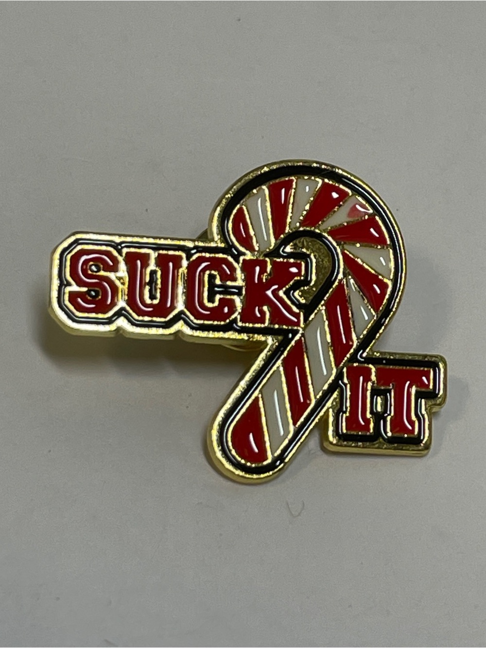 Funny Enamel Pin, Christmas Candy Cane,”Suck it”, Spencer’s Workshop, Snarky VTG